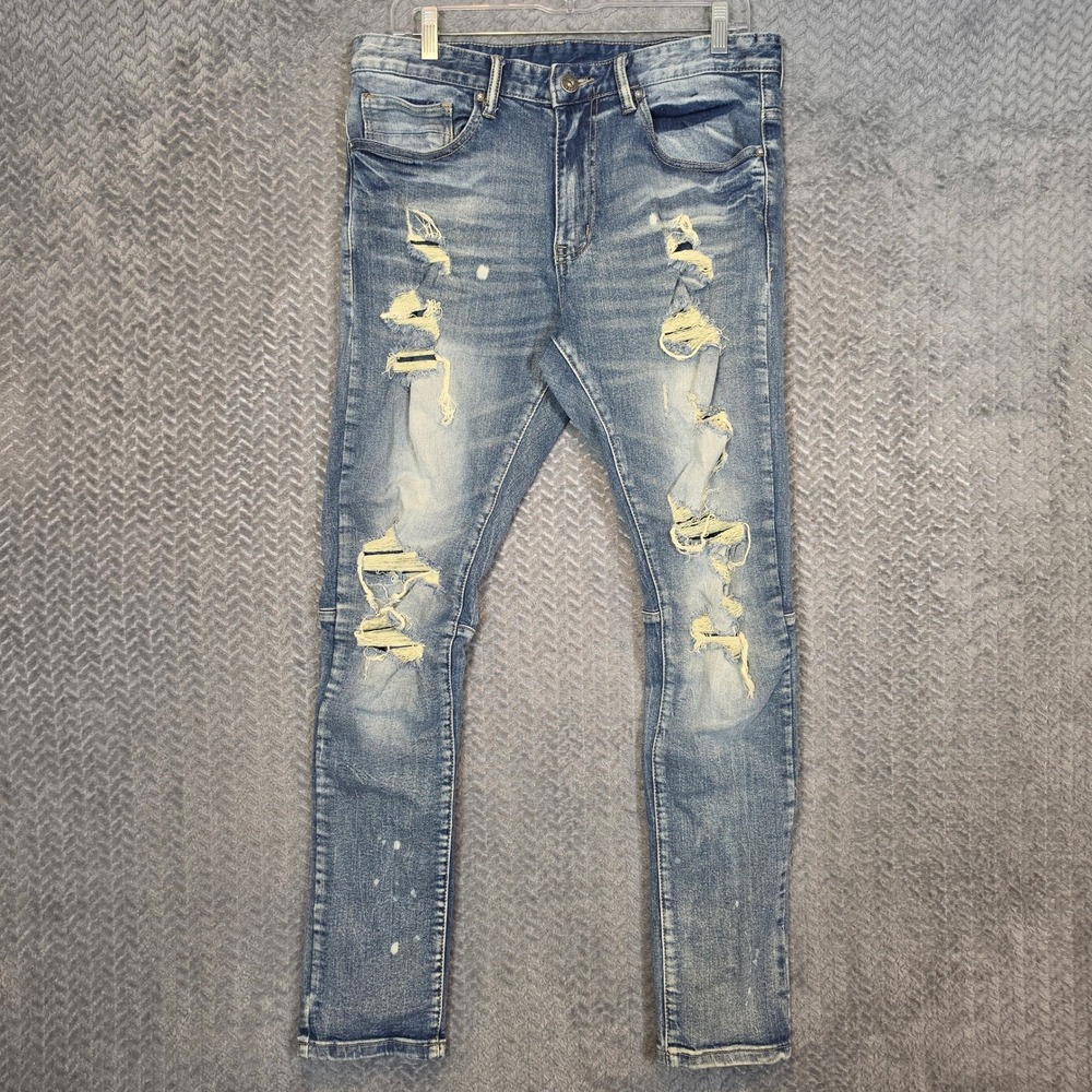 Smoke Rise Mens Slim Tapered Distressed Moto Jeans Blue 32x32 New
